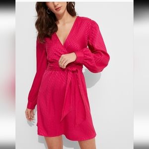 Satin Tie Waist Long Sleeve Mini Dress | Size Medium | Vibrant Fuschia